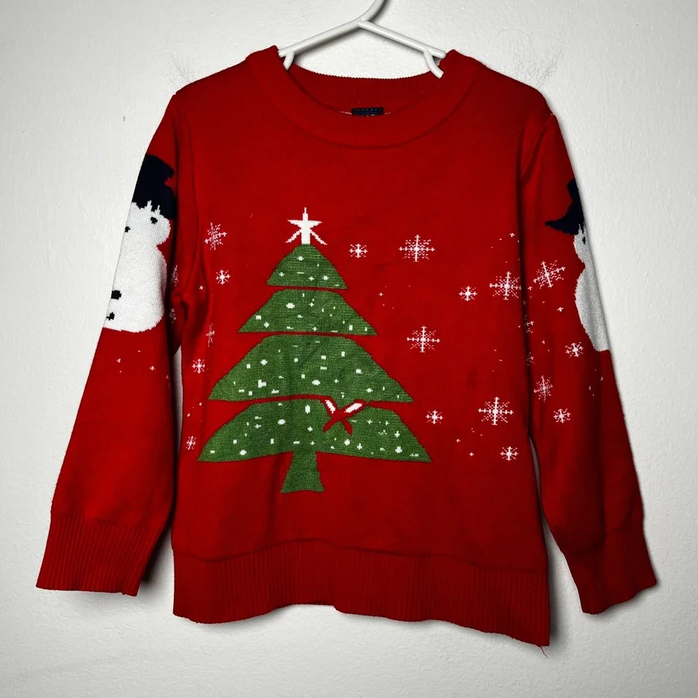 Gap Vintage Christmas Tree Snow Man Sweater Holiday Red Crew Neck size 130cm 6-7